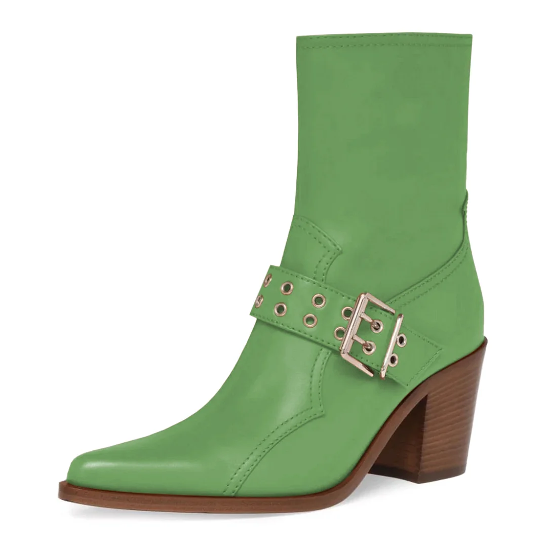 Vegan Leather Pointed Pull-On Ankle Boots with Block Heel for Women