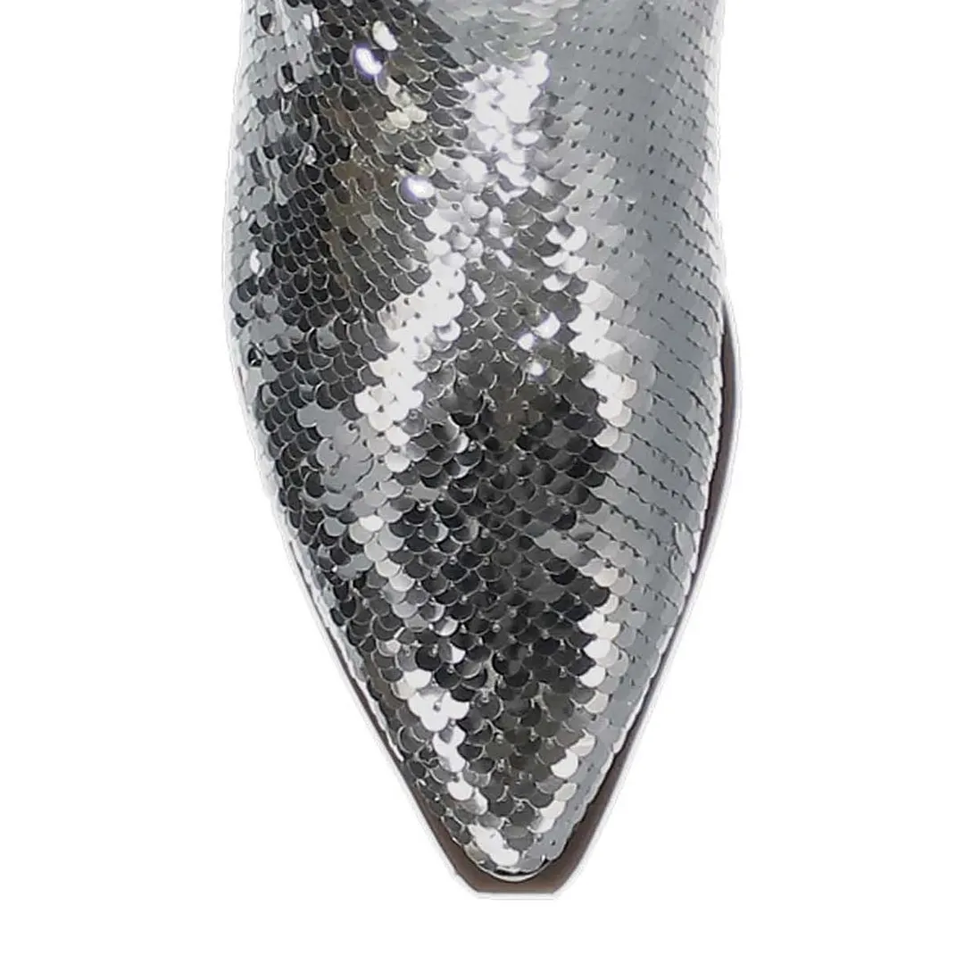 Chic Sequin Pointed Toe Chunky Heel Zipper Cowgirl Boots in Silver