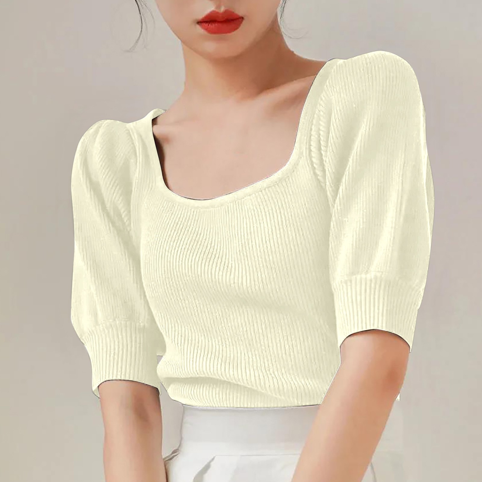 Kanonion Elegant Women Puff Sleeve T-Shirts Ribbed Square Neck Chic Solid Color Tees Summer Office Lady Korean Style Slim Fit Tops