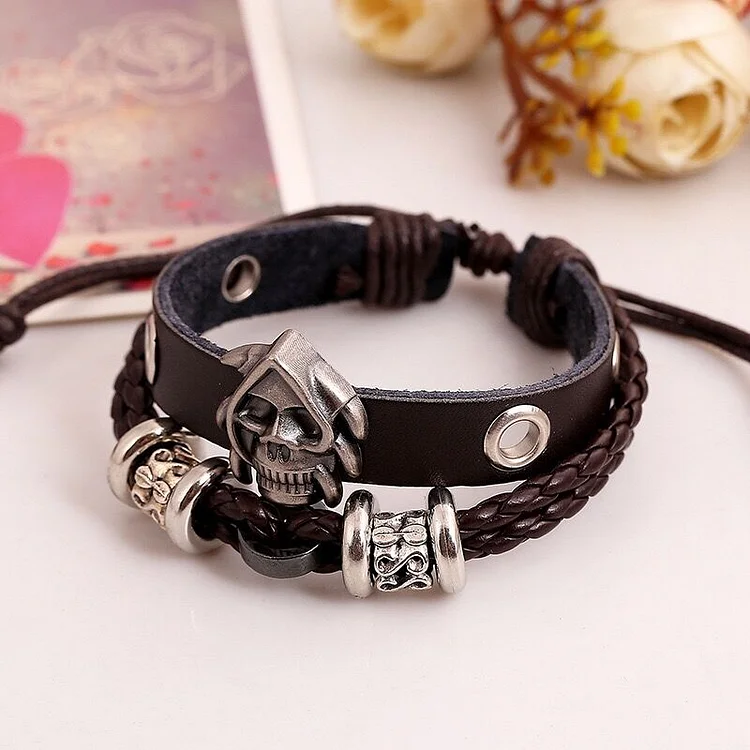 Retro Black Leather Skull Bracelet