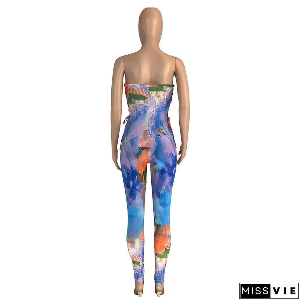 Sexy Strapless Print Lace-up Jumpsuit