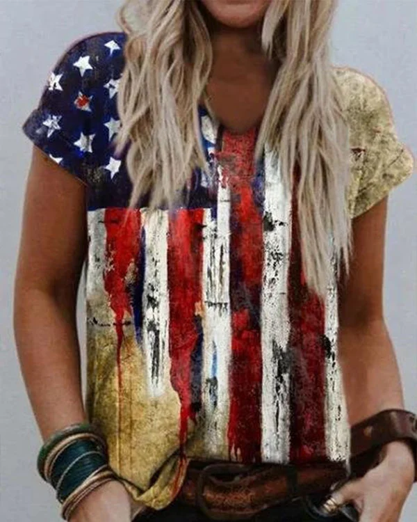 Women's Flag  V-Neck Casual Top