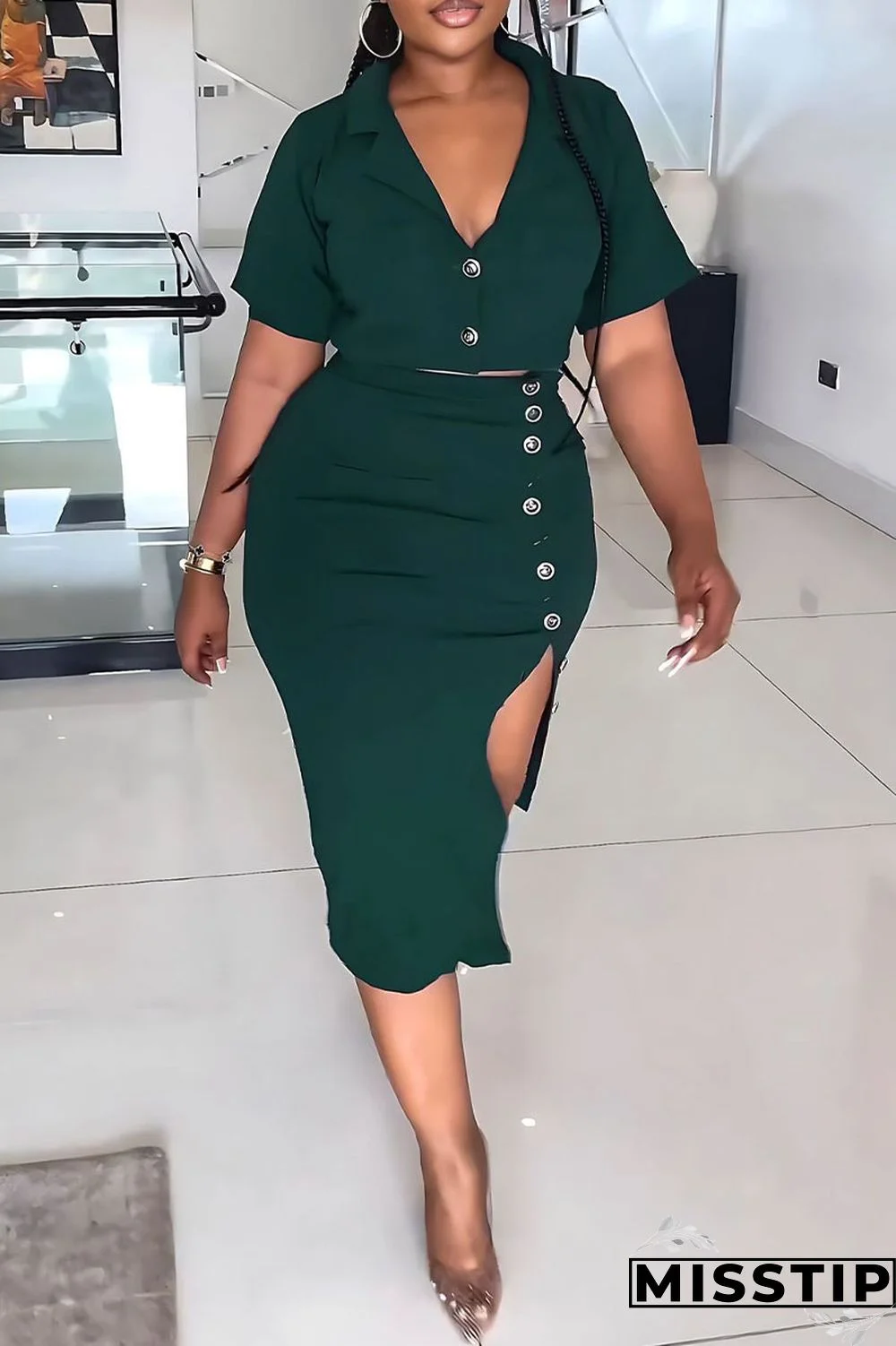 Dark Green Elegant Solid Pocket Buttons Slit Turndown Collar Short Sleeve Two Pieces