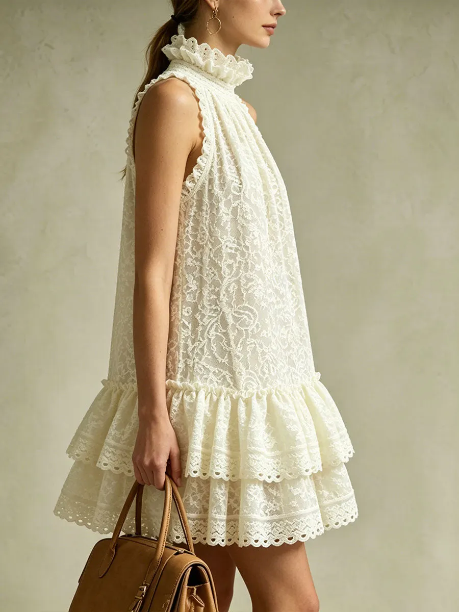 Women's Vintage Beige Lace Sleeveless Ruffled Mini Dress