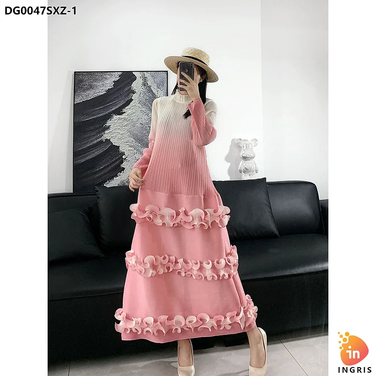 Korean Luxury Long Sleeved Pleated Evening Dress Light Luxury And Simple Fashion Women'S Long Skirt-DG0047SXZ
