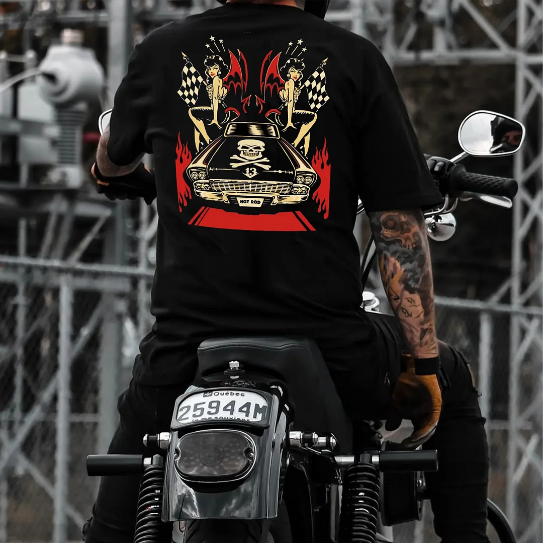 Sexy Lady Skull Car Black Print T-shirt