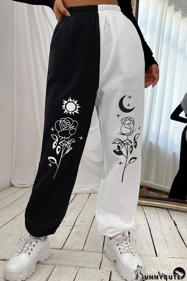 Black White Fashion Casual Print Split Joint Regular High Waist Trousers