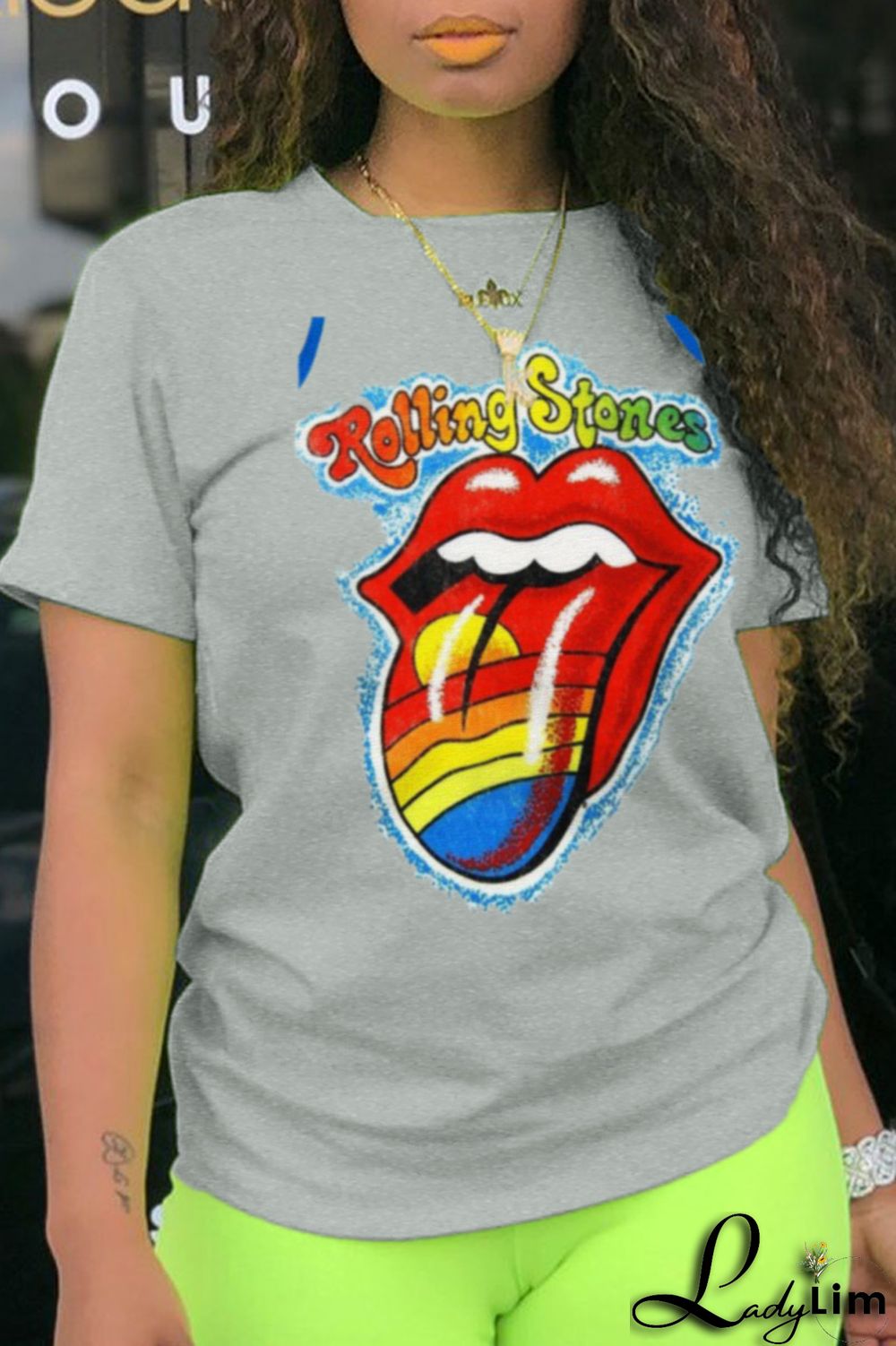 White Fashion Casual Lips Printed Patchwork O Neck T-Shirts