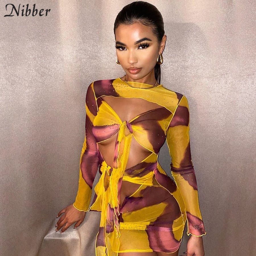 Nibber Vintage Sexy See-Through Bandage Clother Woman Fall Chic Casual Mesh Streetwear Bodycon Club Cut Out Hole  Mini Dress New