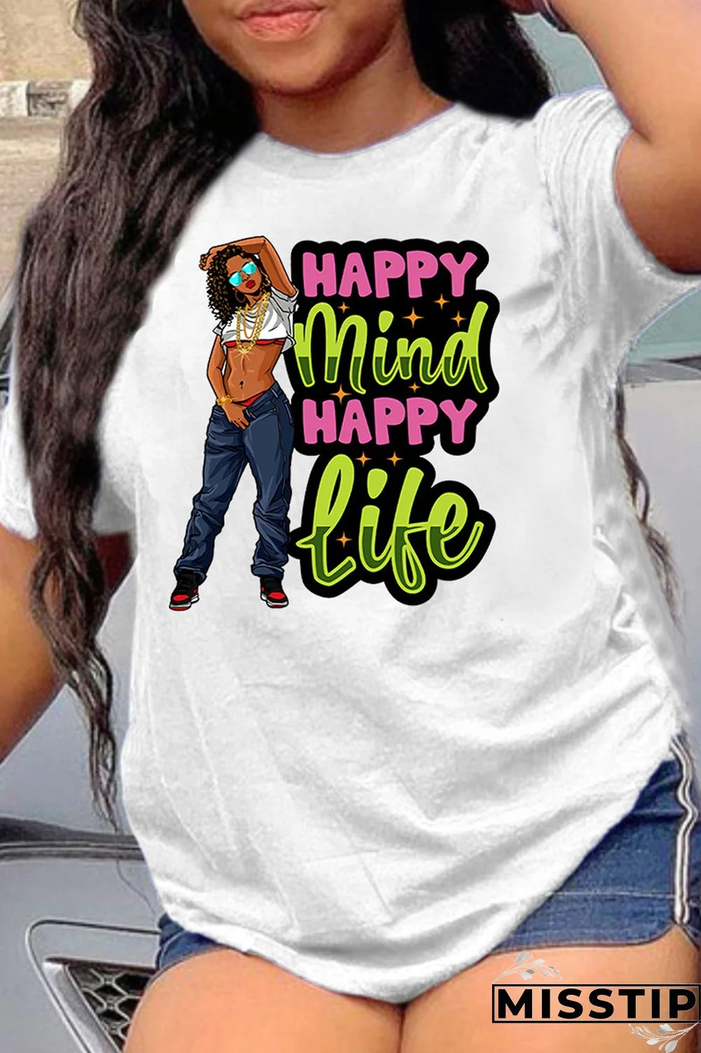 Black Fashion Casual Print Basic O Neck T-Shirts