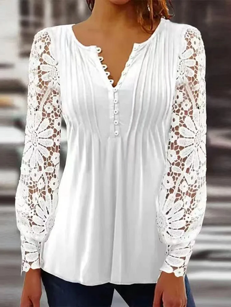 Casual Floral Lace Patchwork Button Long Sleeve Blouse