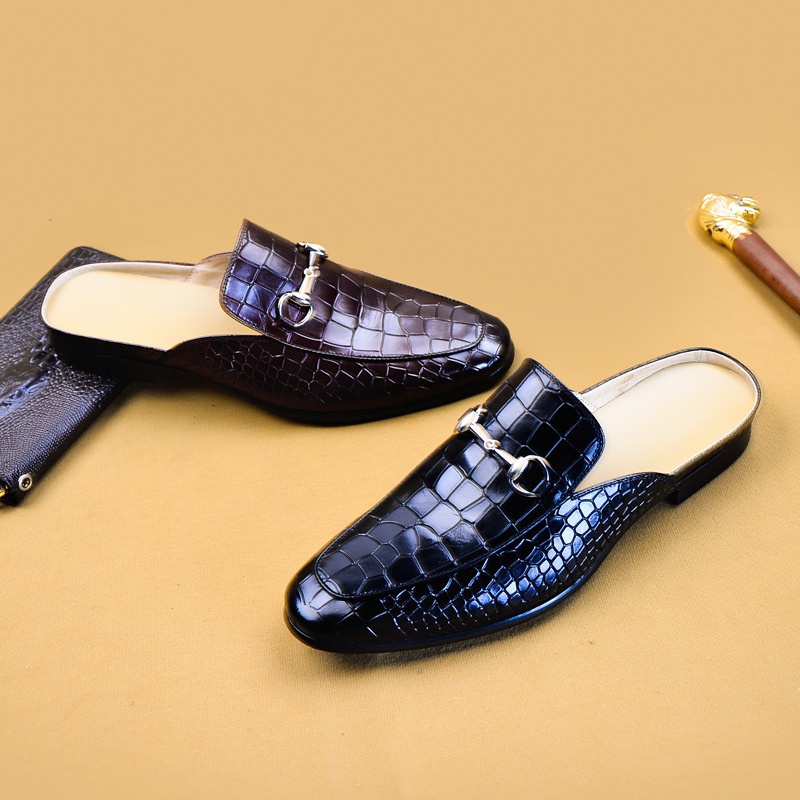 Slippers Men's Closed Leather Crocodile Embossed Leather Shoes Half Slippers Men's Shoes