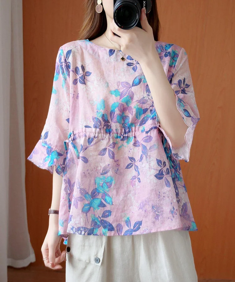 Chic purple print top o neck drawstring daily summer blouses