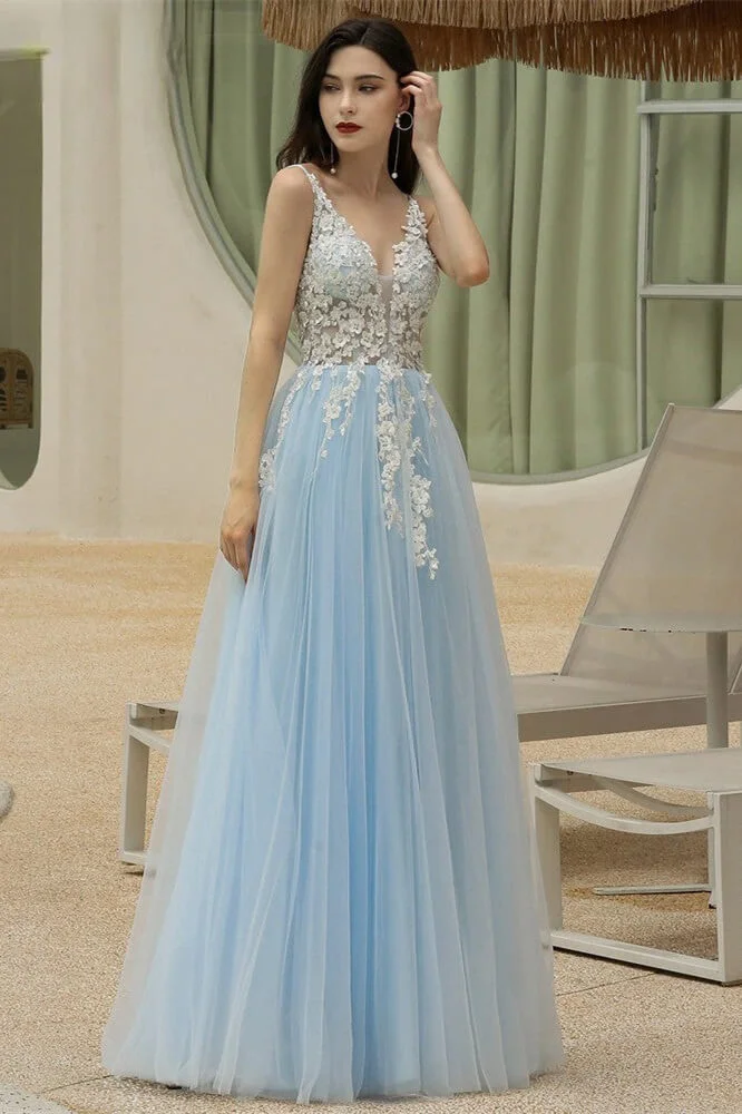 Luluslly Sky Blue V-Neck Prom Dress Tulle Long With Appliques