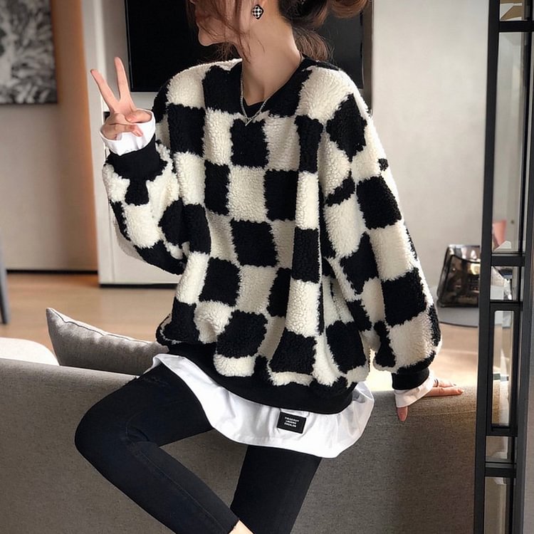 Fake-Two Paneled Long Sleeve Plaid Sweatshirt