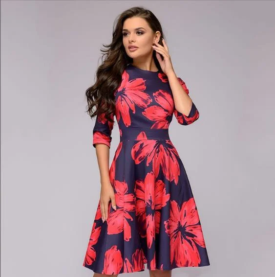 Uveng Party Vintage Small Floral Urban Style 3/4 Sleeve Round Neck Dress