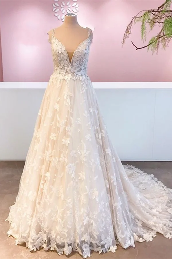 A-Line Sweetheart Floor-length Wedding Dress With Appliques Lace Tulle
