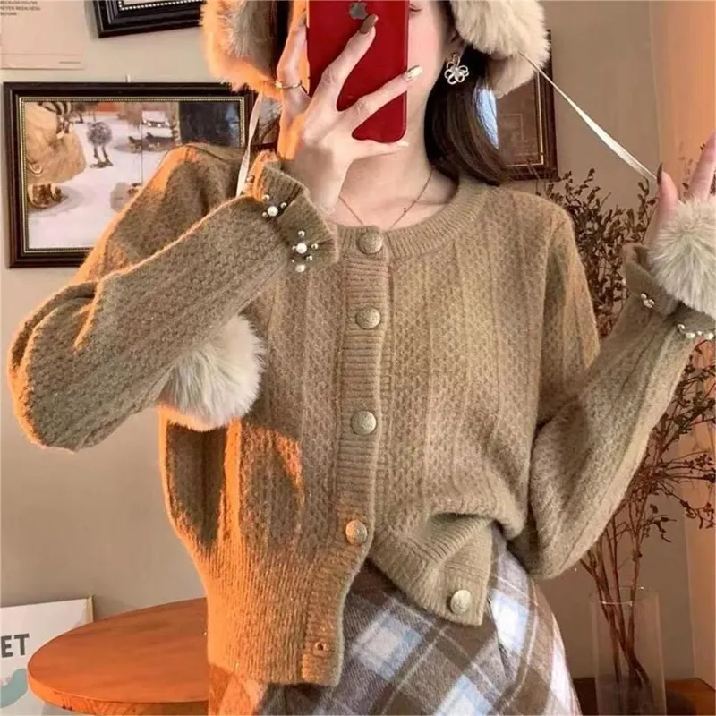 Churchf Churchf Version Autumn Winter Gentle Department Lotus Leaf Sleeve Sweet Wind Round Collar Sweater Female Design Feeling Nail Bead Knit Cardigan Jacket Tide