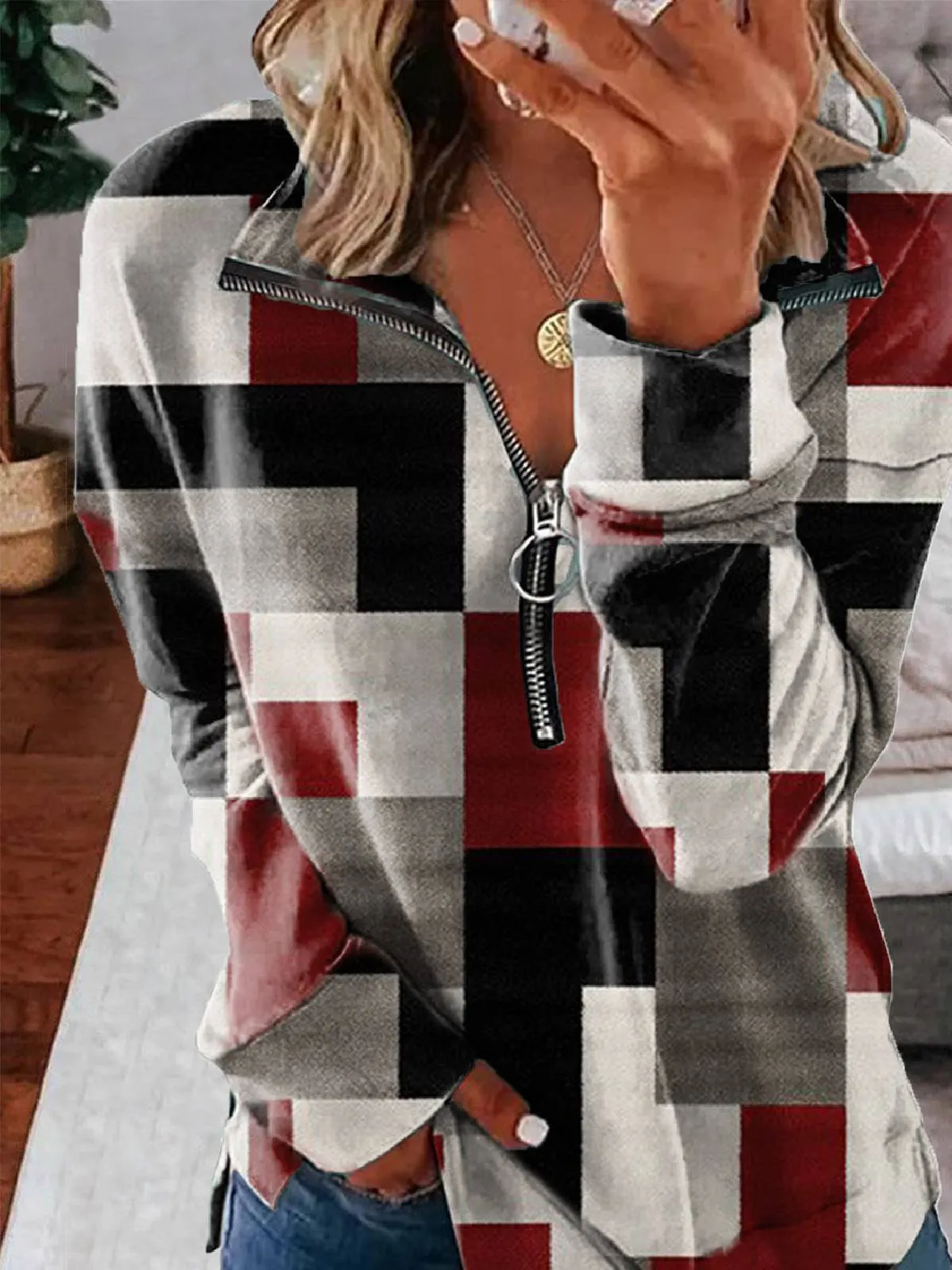 Casual Lapel Geometric Sweatshirts