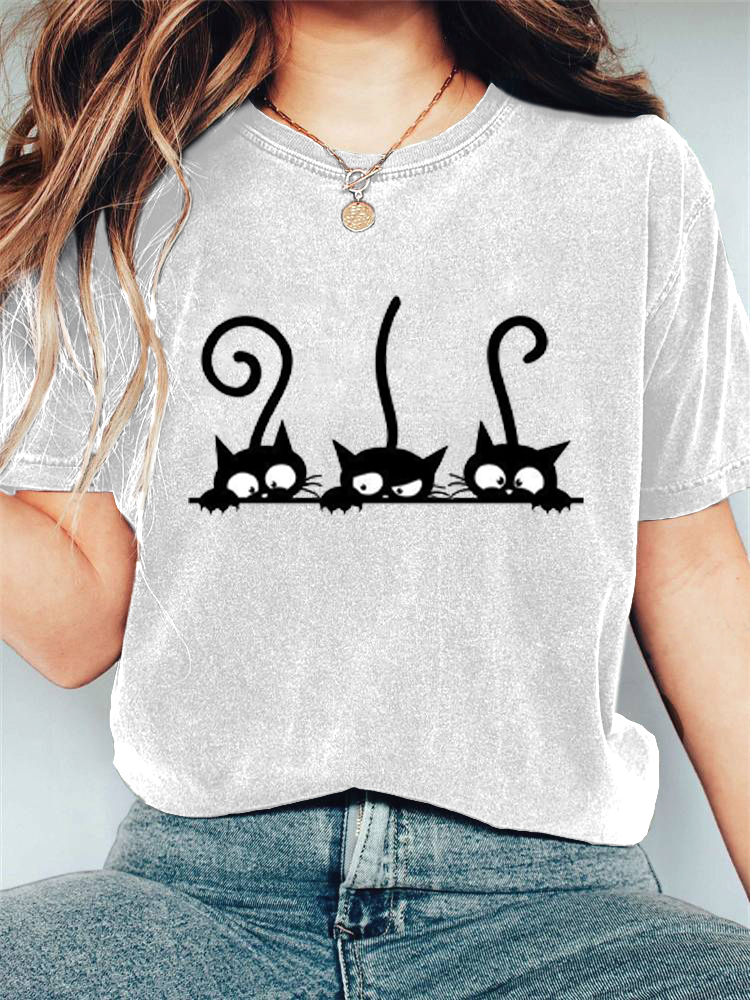Comstylish Women's Casual Black Cat Print T-shirt