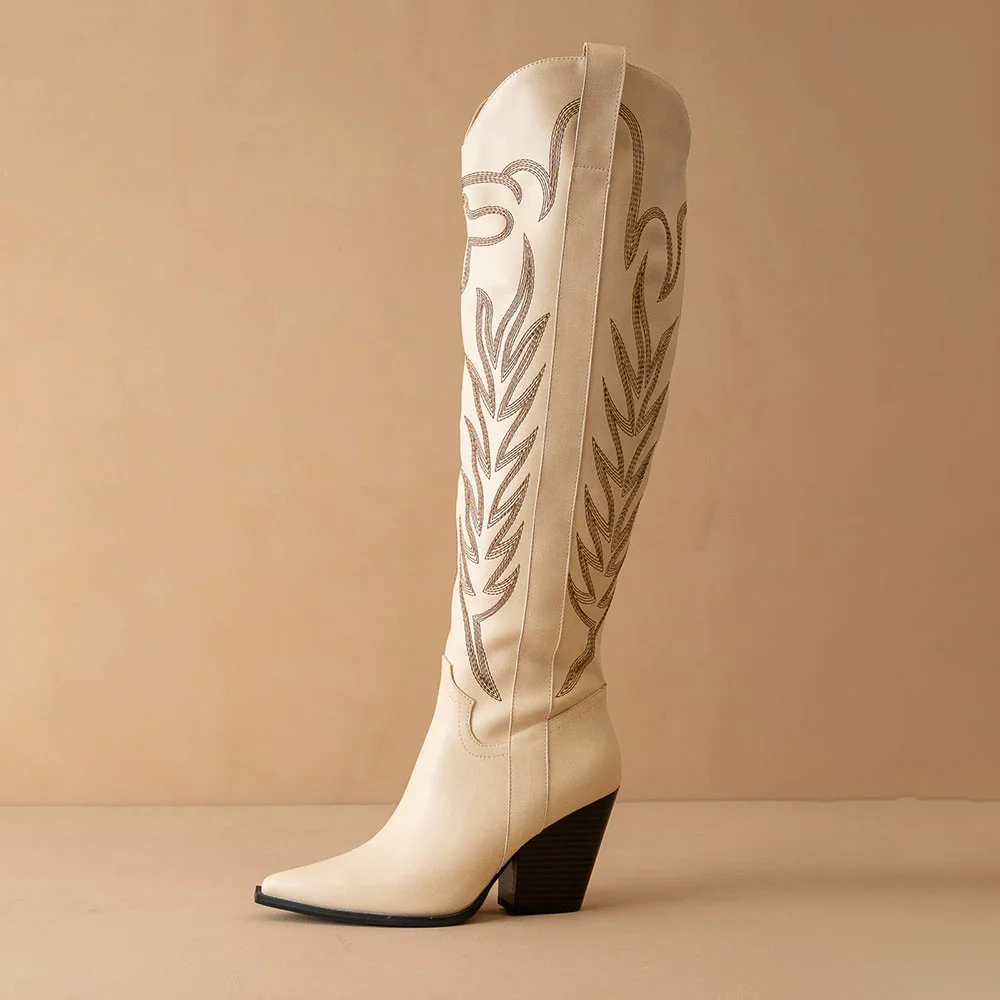 Ivory Snip Toe Chunky Heel Embroidered Zipper Cowgirl Boots