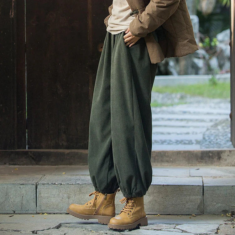 Casual Solid Color Corduroy Elastic Waist Pants