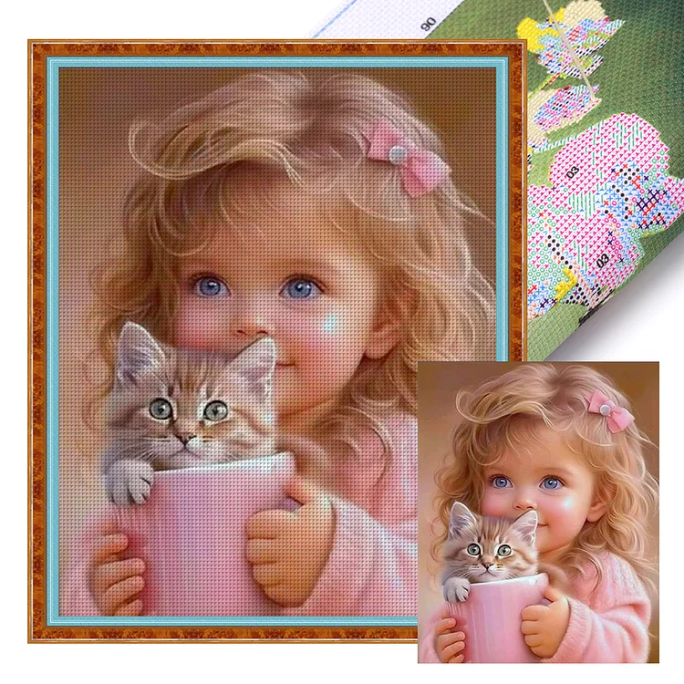 Blonde Girl And Kitten - Printed Cross Stitch 11CT 40*50CM