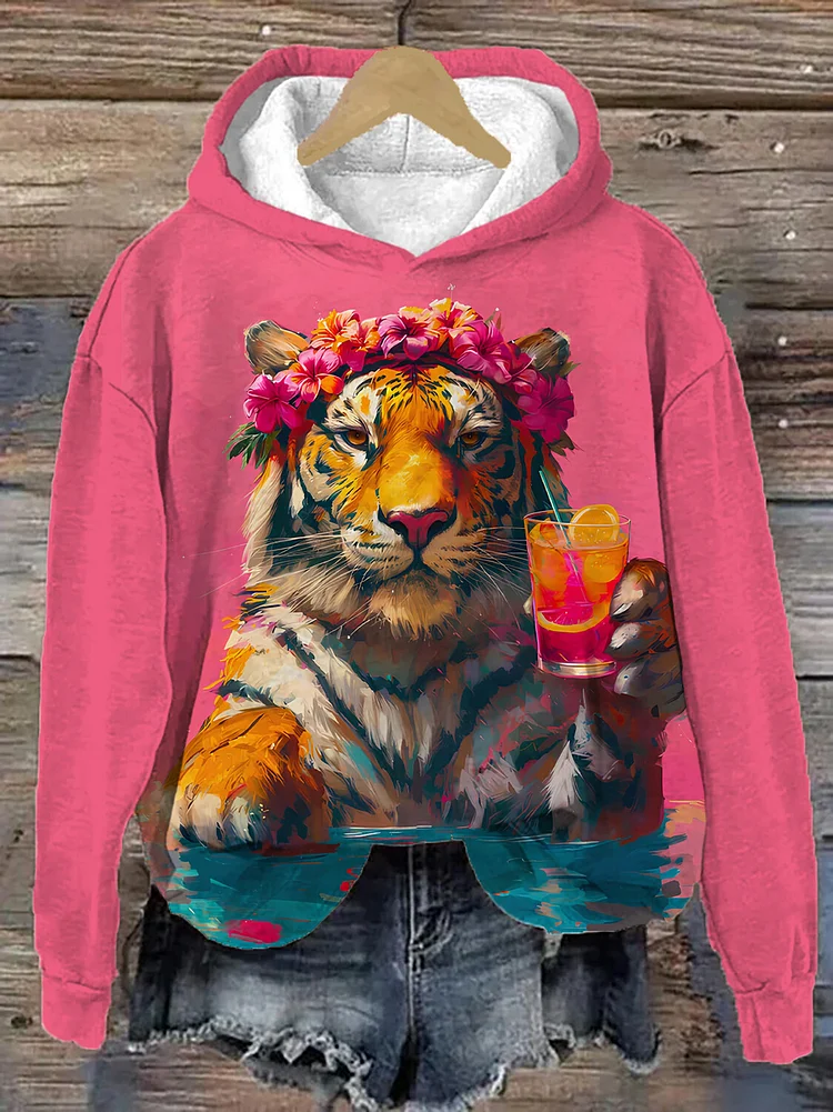 Women's Tiger Drinking Juice Print Cozy Hoodie
