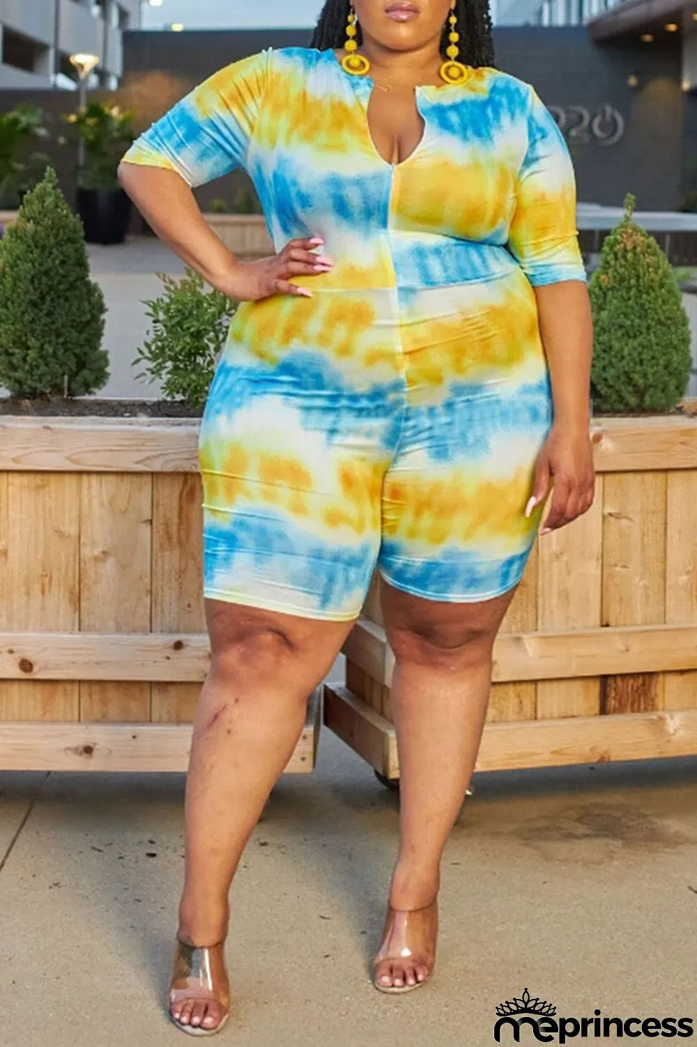 Yellow and blue Cotton England O Neck Print Tie Dye Pattern Plus Size