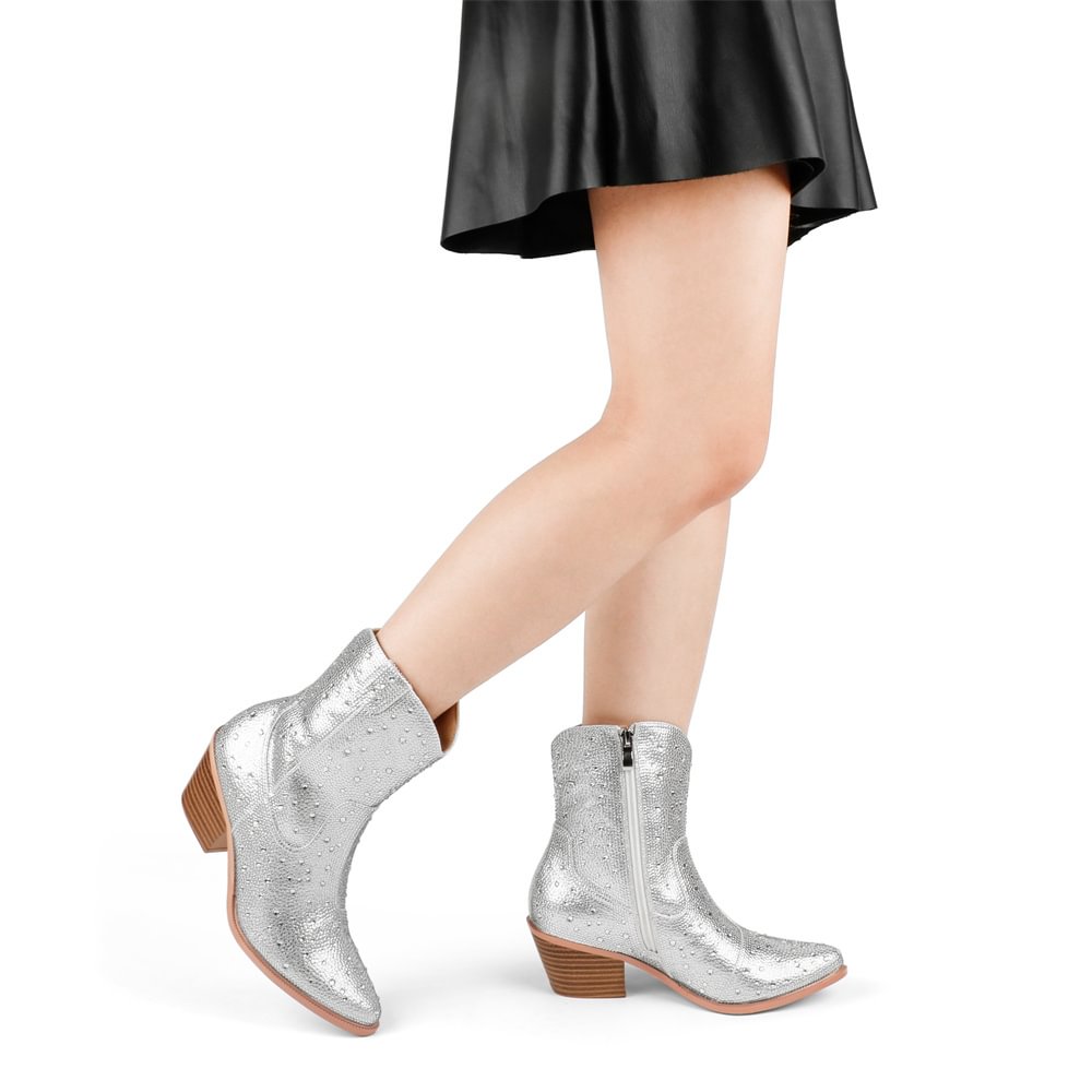 60mm Women's  Boots Ankle High Medium Heel Chunky Heel Diamond Studded Fashion Pull On Boot-MERUMOTE