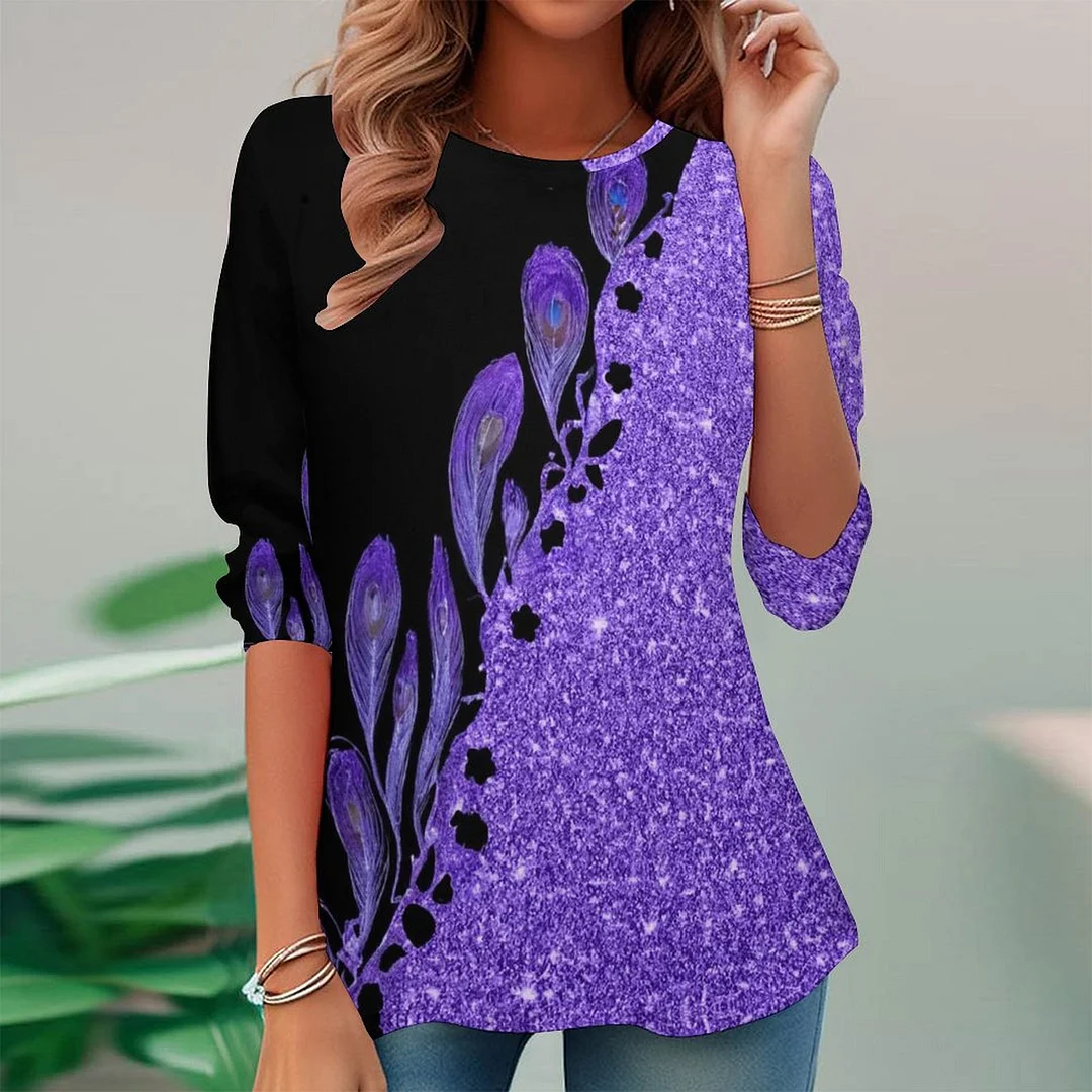 Vintage Printed Long Sleeve Plus Size Tunic for  Women and Men Unisex Pattern Purple,Floral,Glitter