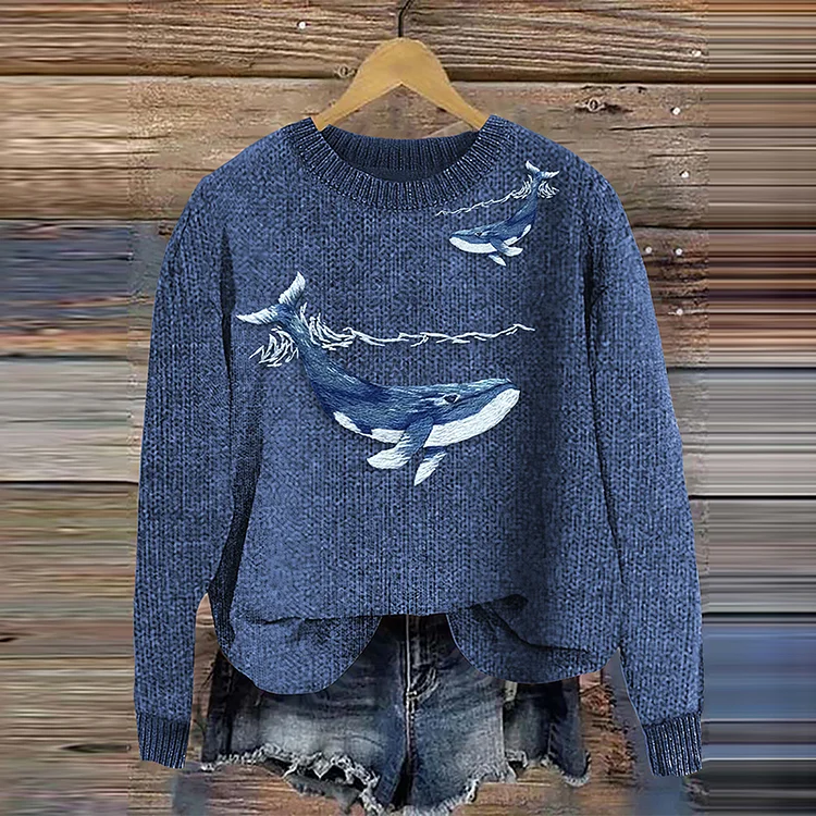 Whale Art Embroidery Cozy Knit Sweater