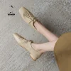 Square Head Low Heel Shoes Female Deep Mouth Single Shoes Thick With Small Leather Shoes Lace Up Black Sheepskin Women Shoes
