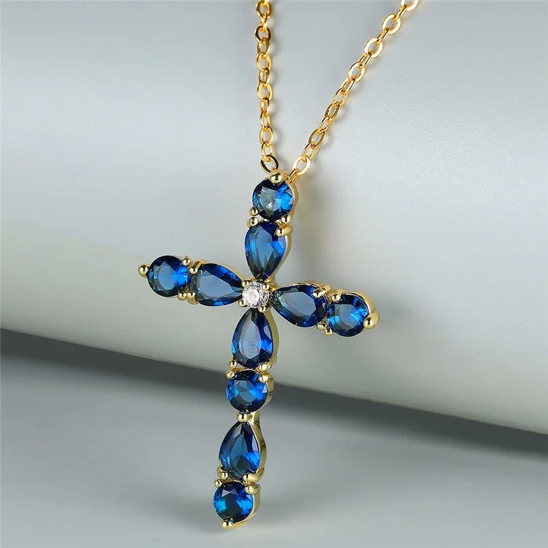 Luxury Female Blue Crystal Cross Pendant Necklace Yellow Gold Color Chain Necklaces Charm Zircon Wedding Necklaces For Women