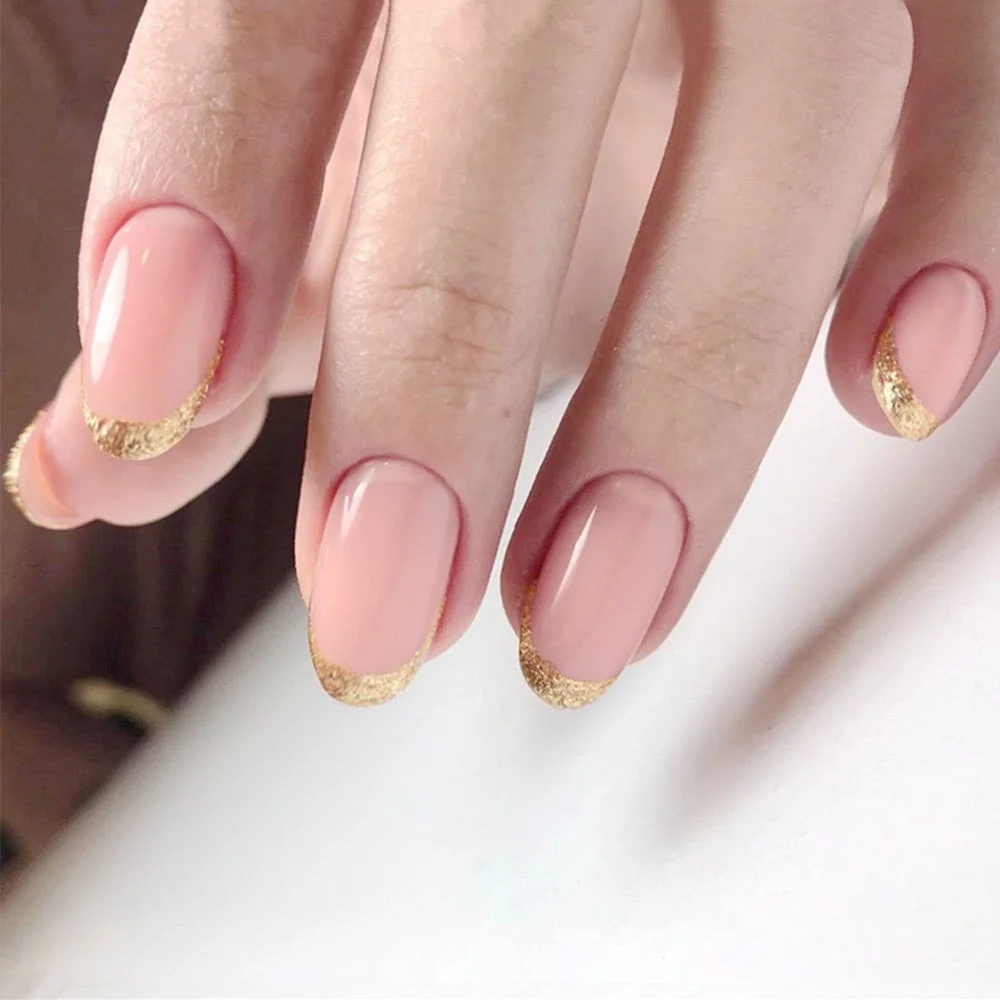 24Pcs Shiny Natural Press On French Fake Nails Artificial Glitter Gold Ballerina Coffin False Nail DIY Manicure Tool