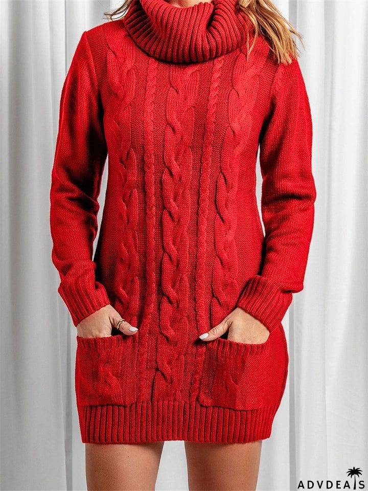 Casual Turtle Neck Knitted Sweater Dresses