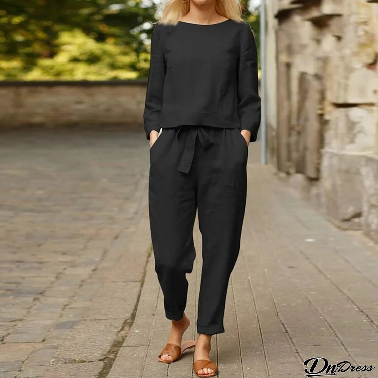 Round Neck Top and Drawstring Pants Two-piece Set