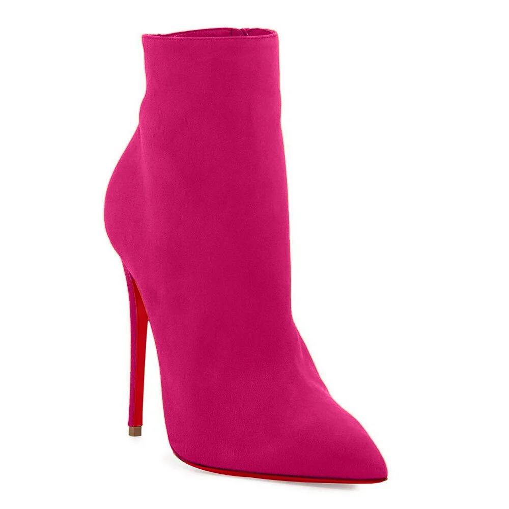 4.72" Red Bottom Women's Ankle Boots Closed Pointed Toe Stilettos Suede Booties-MERUMOTE
