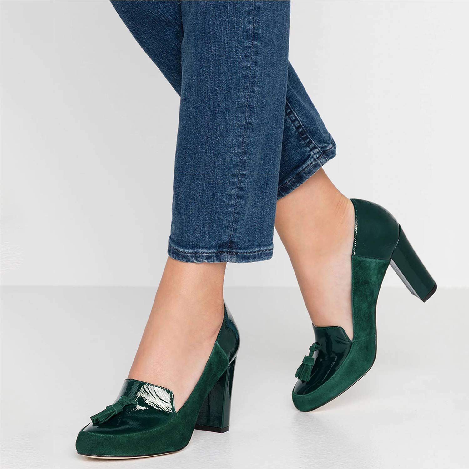 Dark Green Vegan Suede & Patent Leather Tassel Decor Loafer Heels