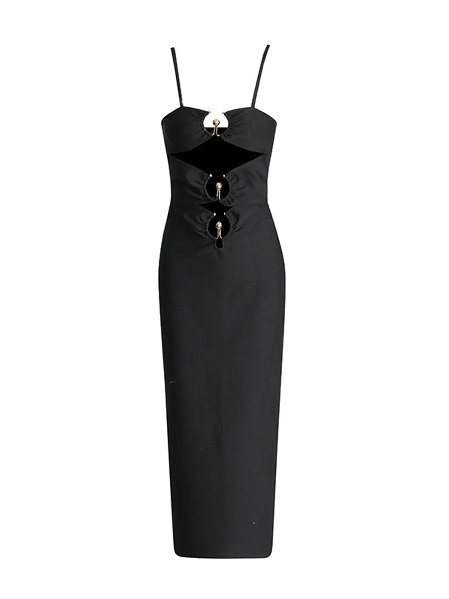 Brownm Small Metal Buckle Decoration Sexy Hollow Black Sling Dress Open Breast Design High-Leach Banded Skirt