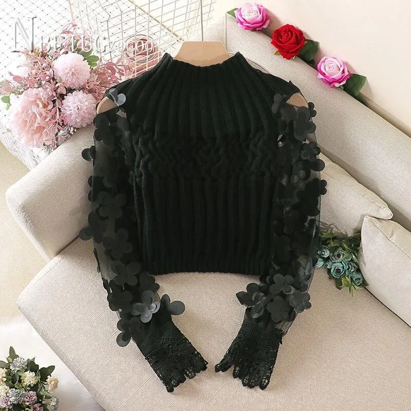 Fairy Flower Puff Sleeve Women Sweater Slim Short Style Patchwork Round Neck Knitting Female Sweaters