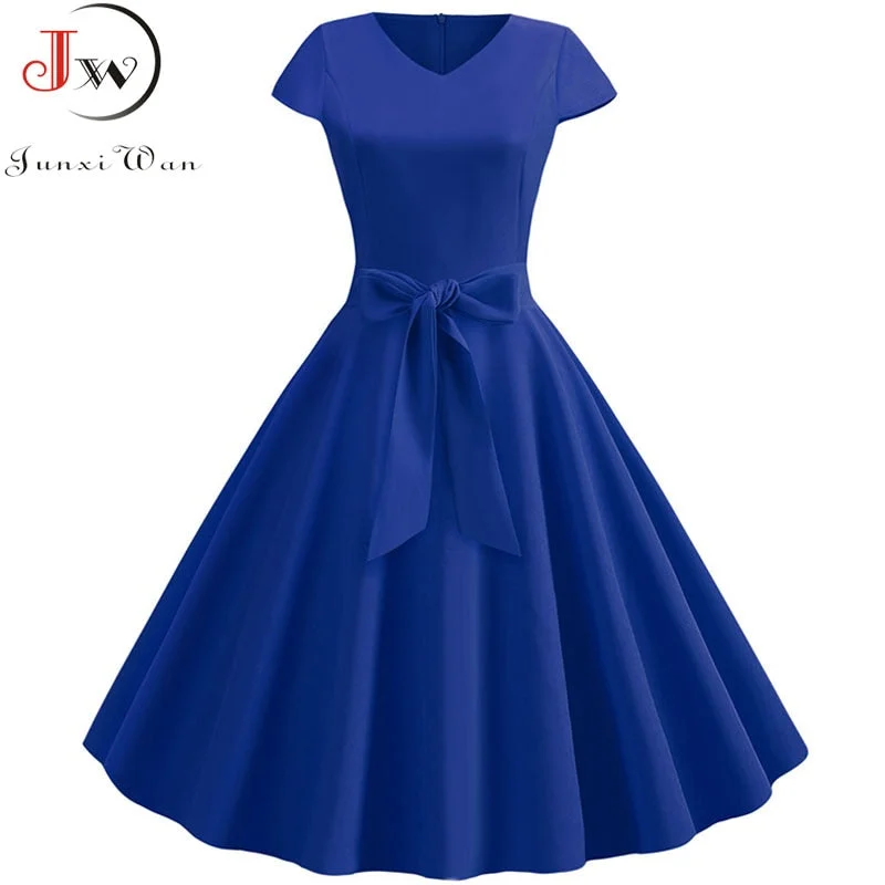 Yellow Solid Color Summer Dress Vintage Women Swing Rockabilly Dresses Robe Femme Elegant  Casual Party Midi Vestidos