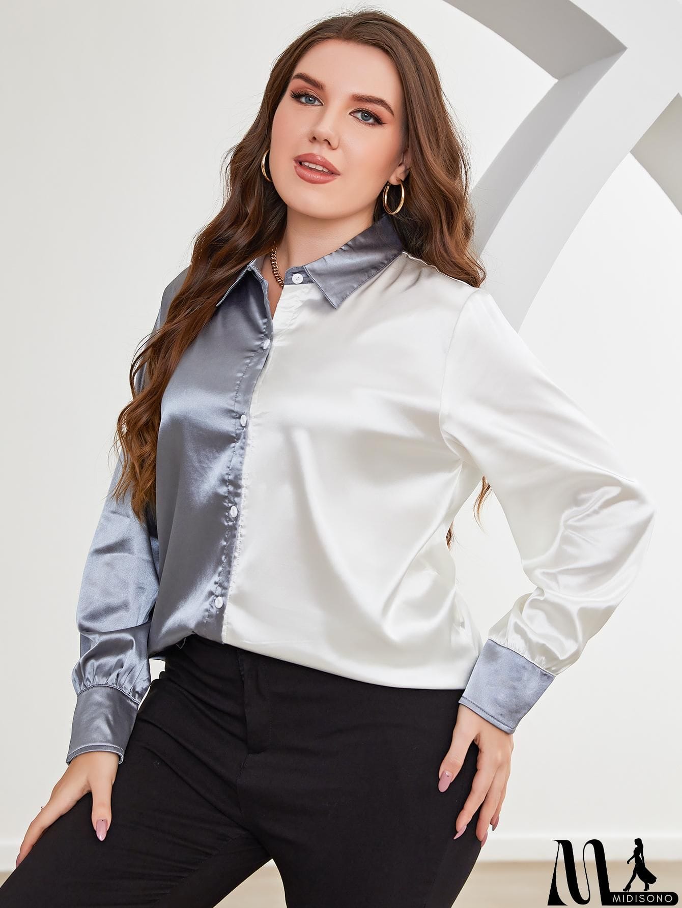MidiSono - Plus Size Two-Tone Long Sleeve Shirt