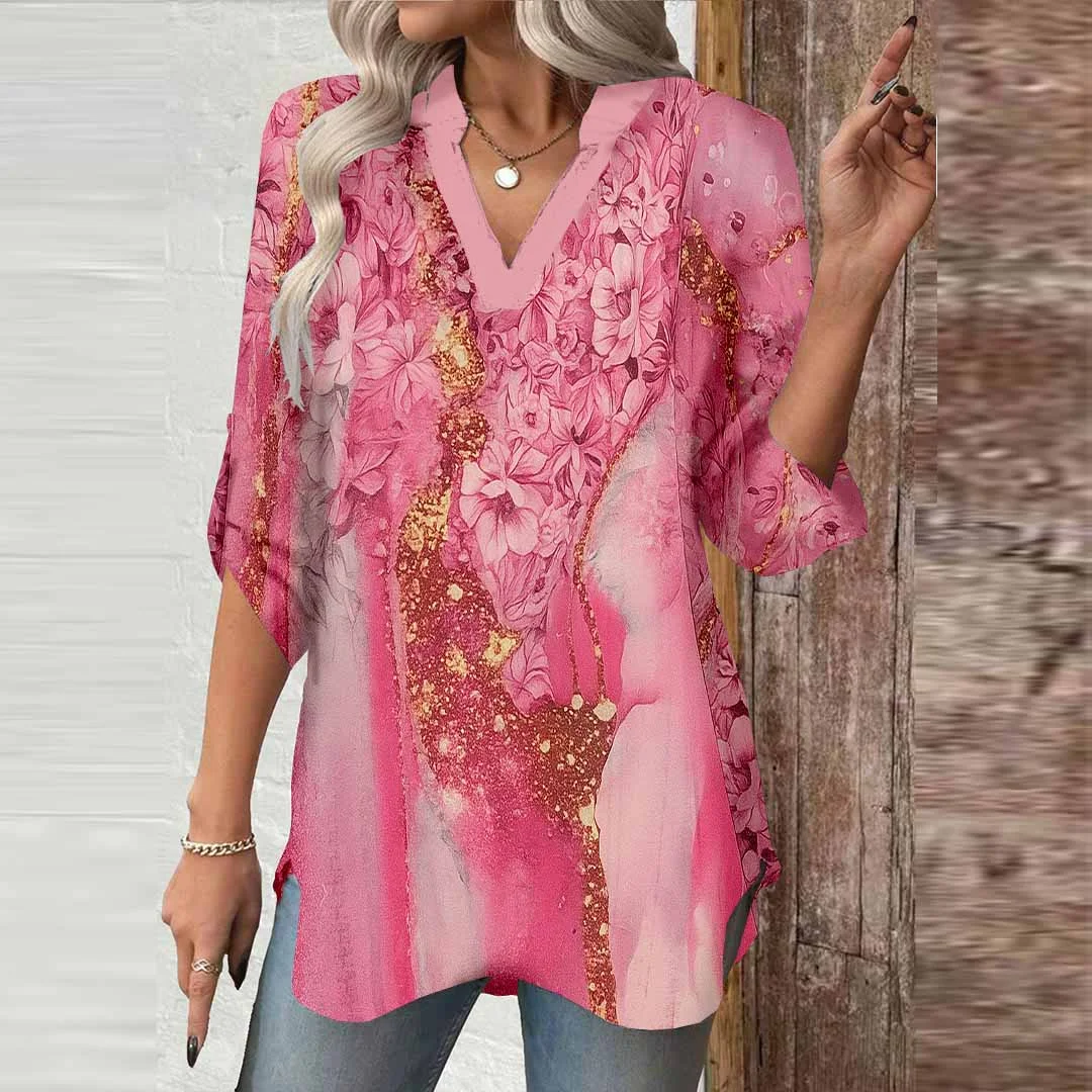 Women Floral,Gold,Red DZGA0738 3/4 Sleeve V-neck Printed Graphic Button Tops