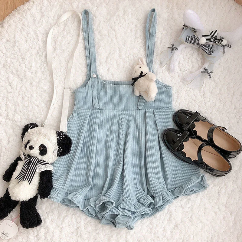 Solid Corduroy Playsuits Women Ruffles Loose Spring Korean Style Ulzzang Kawaii Harajuku Leisure Soft Female Rompers Popular Ins