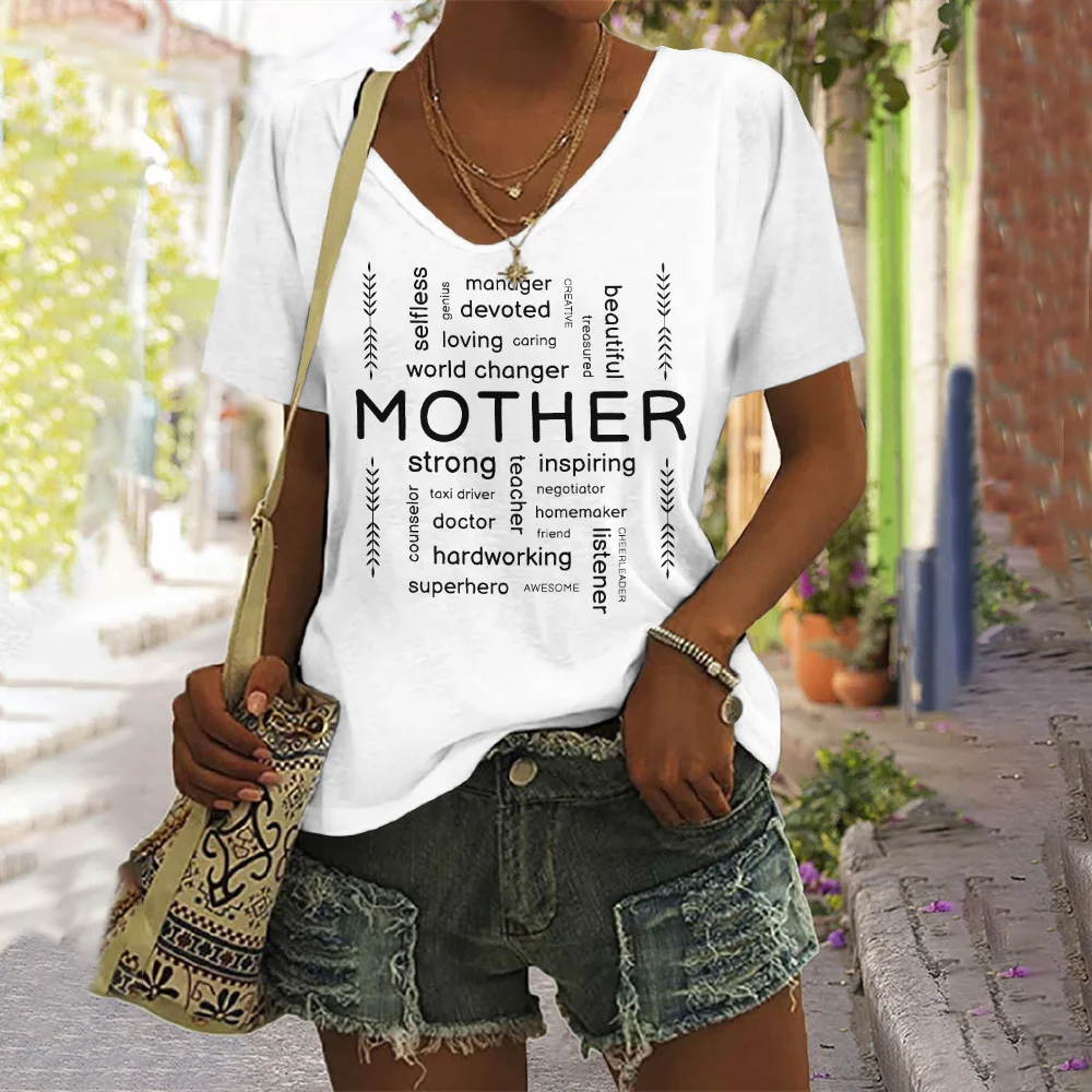 Mother's Day Printed V-Neck Short Sleeved T-Shirt