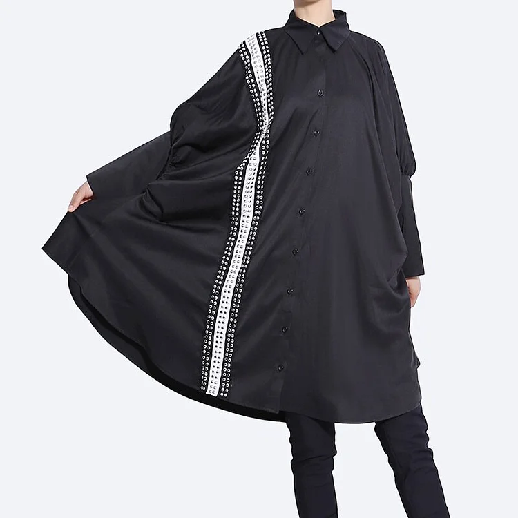 Urban Loose Lapel Asymmetrical Beading Decor Long Sleeve Dress