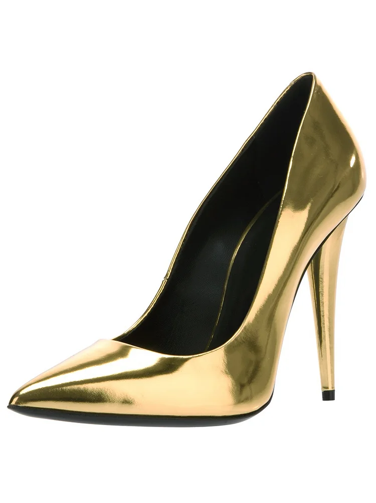 Gold Metallic Heels Pointy Toe Cone Heel Pumps for Party |FSJ Shoes