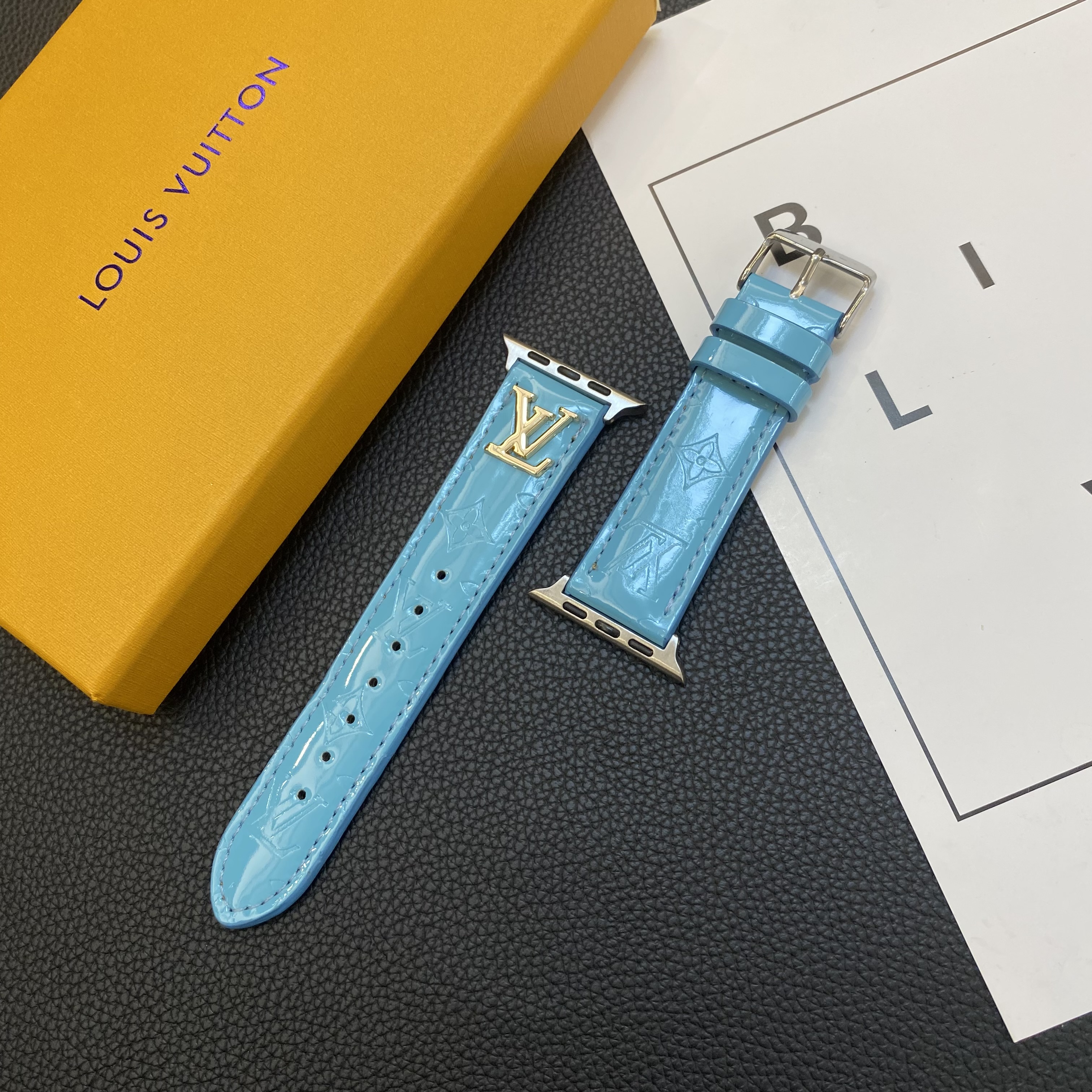 LV Glossy Leather Apple Watch Strap Luxury Metal Logo