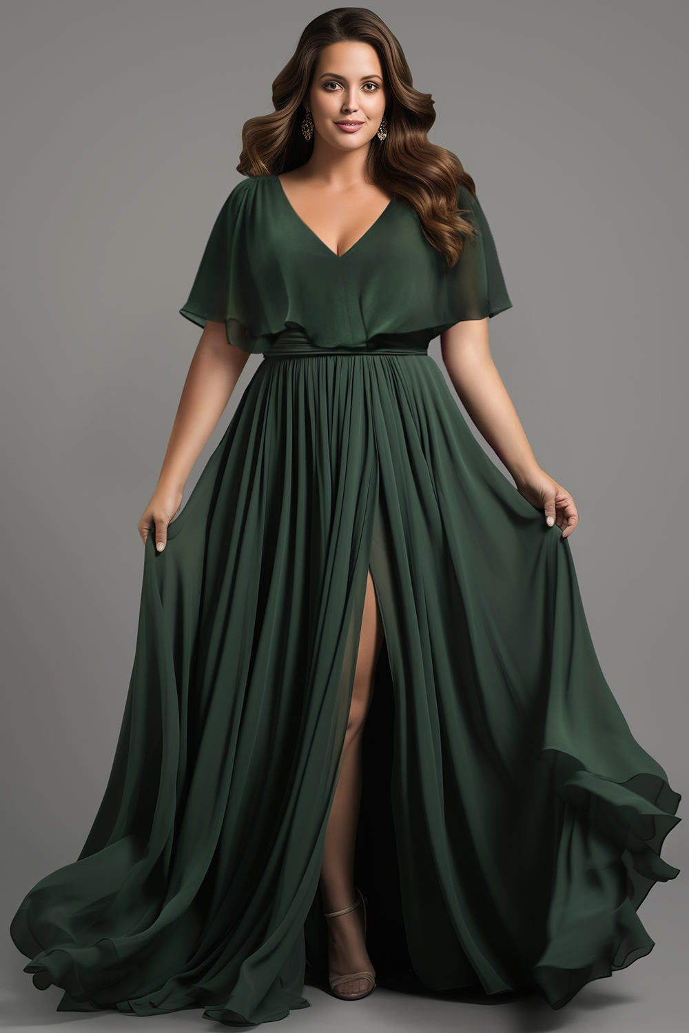 Flycurvy Plus Size Mother Of The Bride Dark Green Chiffon Split Cape Sleeve Maxi Dress